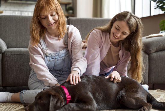 full-shot-women-petting-dog